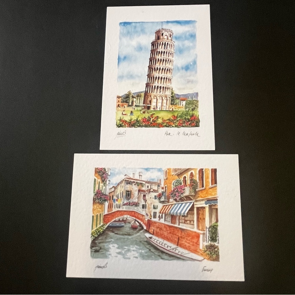 Leaning Tower of Pisa / Venezia Postcard Artist Signed Watercolor Unused Lot 2x